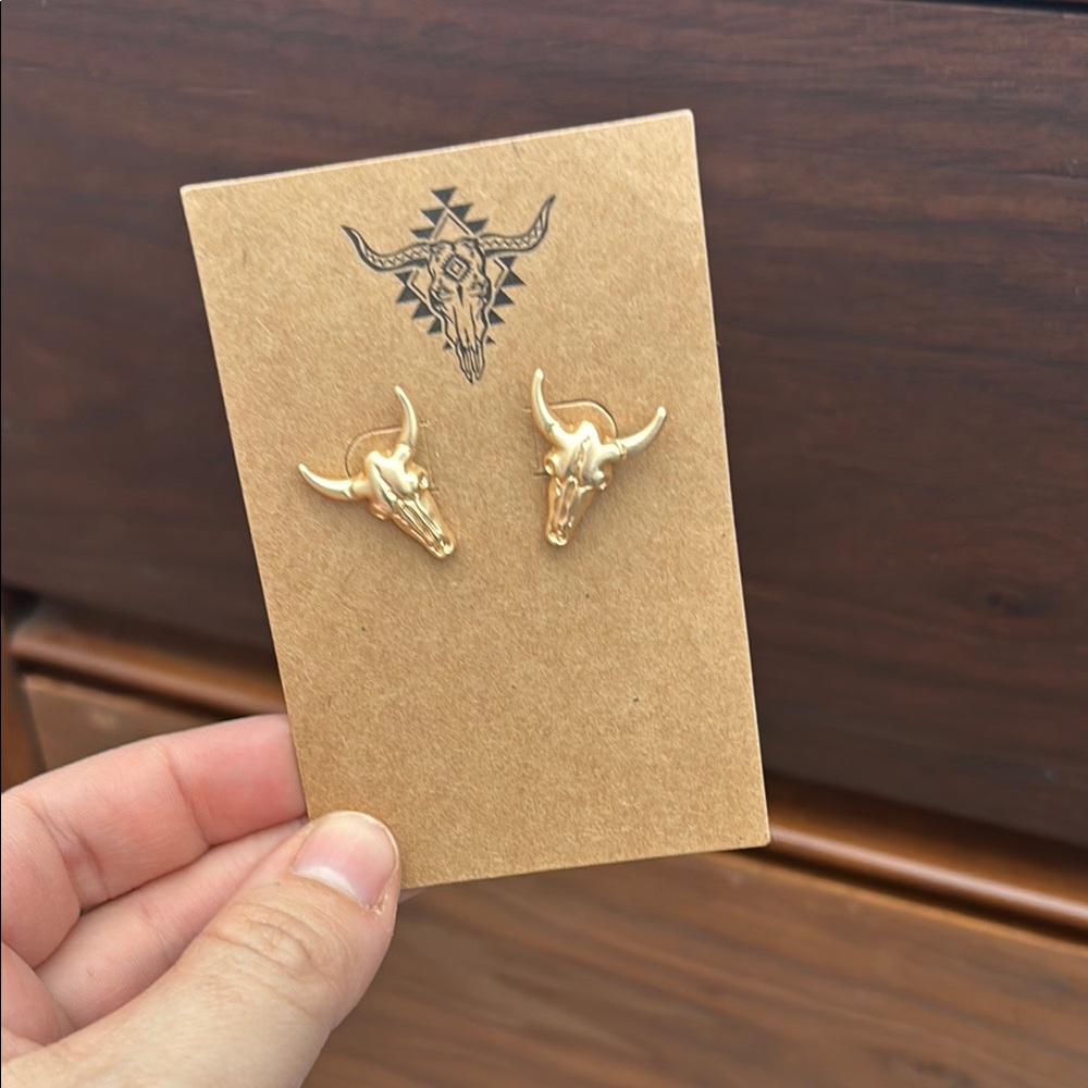 NWT Western Gold plated Bull Skull Earrings